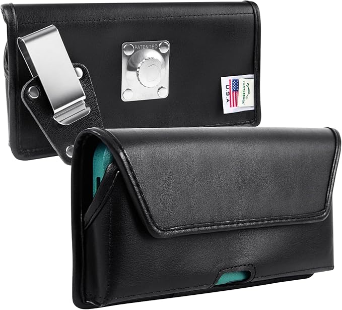 Turtleback Belt Clip for iPhone 16 Pro, 16e, 15 pro 14 Pro 13 Pro -Medium- Fits w/Shockproof Commuter Style Cases, Premium Black Leather, Horizontal Belt Holder, Magnetic Closure HD Rotating Clip