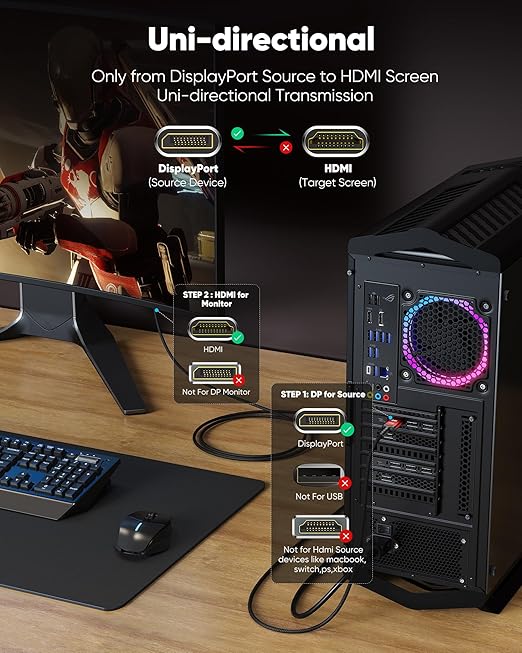 Highwings 4K DisplayPort to HDMI, 6.6ft DP to HDMI 1.4 Uni-Directional Cable, 4K@30Hz, 2K@60Hz, 1080P Full HD, Nylon Braided Cord for Dell, NVIDIA, AMD, HP, Monitor, Projector, Desktop (Red)