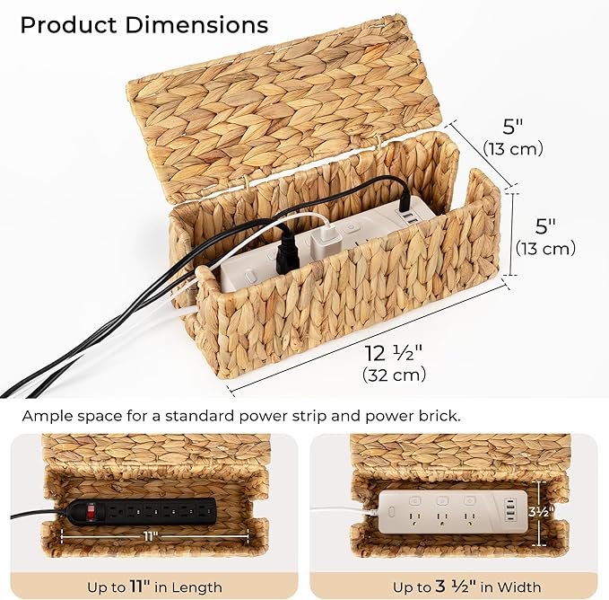 StorageWorks Cable Management Box, 2 Slots Wicker Cable Organizer to Hide Cords and Power Strip, Water Hyacinth Cord Hider Box for Home & Office