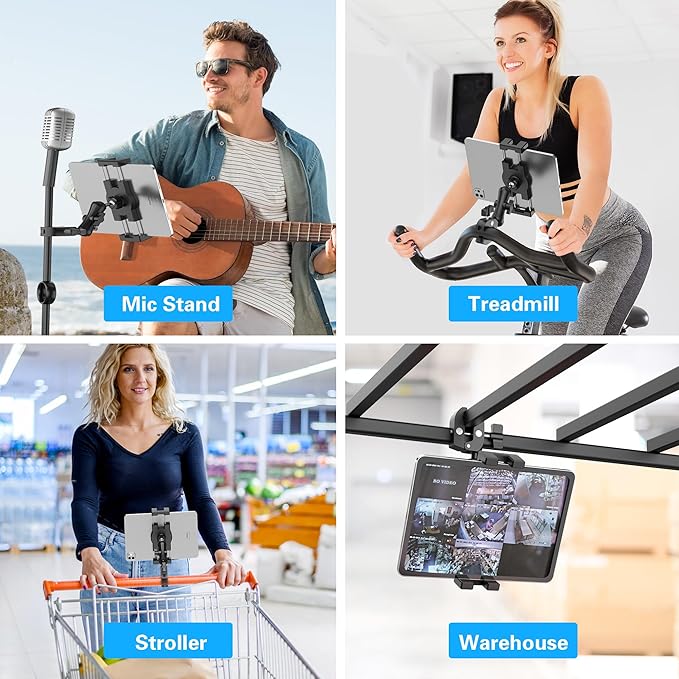 Treadmill Tablet iPad Holder, Aluminum Indoor Exercise Bike Handlebar Mount Clamp for Stationary Elliptical Bicycle Peloton Spin Bike Stroller, Compatible with 4.7"-12.9" Tablets/iPad/Phones