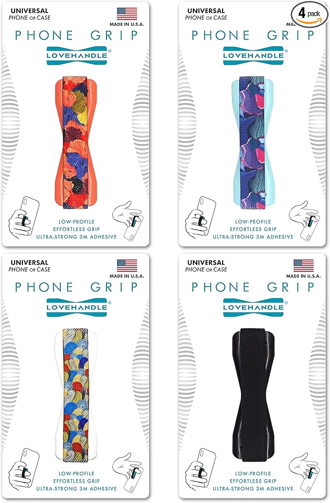 LOVEHANDLE Universal Phone Grip for Most Smartphones, Mini Tablets and Cases, Swirl Design Elastic Strap with Colored Base, 4 Piece Value Pack
