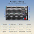 DJ Mixer, TKLBLS Professional 12 Channel Audio Mixer Board with 99-Bit DSP, Sound Board Mixing Console 7-Band EQ Output, USB Audio Interface, Bluetooth 48V Phantom Power For Karaoke Studio Streaming