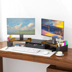 Spacrea Metal Desk Organizers and Accessories, Dual Monitor Stand Riser with Drawer and 2 Pen Holders, Desk Accessories & Workspace Desktop Organizers for Office Supplies (Wood)