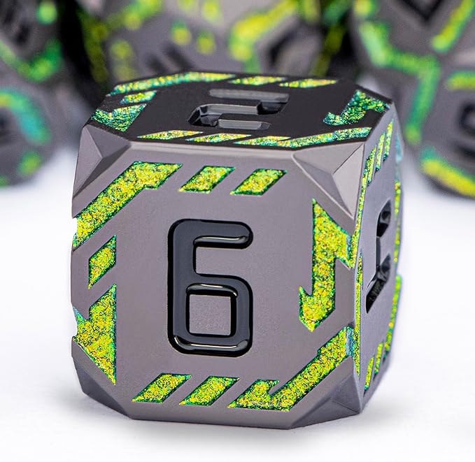 Metal DND Sci-fi Dice Set 7PCS Stripe Polyhedral Dice for Dungeons Dragons RPG Role Playing Game, Glitter D and D Dice with Gift Box D6 D8 D10 D12 D20 (Black&Green Yellow)