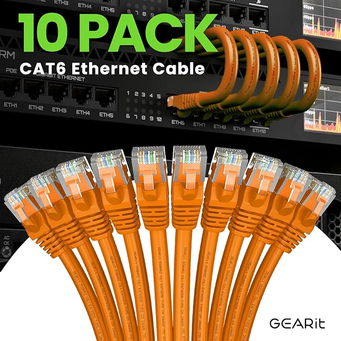 GearIT Cat 6 Ethernet Cable (10-Pack 10 Feet) Cat6 Network Patch, 10Gbps, RJ45, Snagless Cord, Gold-Plated Connectors, Internet for PC, TV, Tablet, Router, Printer, Servers, IT Data Center - Orange