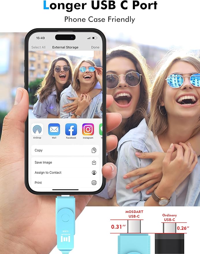 MOSDART 512GB USB3.1 Fast Speed C and A Dual Flash Drive, exFAT Memory Stick with Keychain and LED Indicator, for iPhone 15 and 16, Android Phone, iPad, MacBook, and Other Laptops, Sky Blue