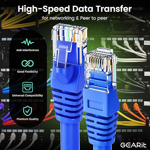 GEARit Cat 6 Ethernet Cable Pack - 100-Pack 2 ft Cat6 Ethernet Patch Cables | RJ45 Network Patch Cable, 10 Gbps Snagless Gold-Plated Connectors - Ethernet Cable Cat 6 for PC, TV, Router - Blue