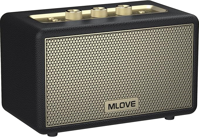 MLOVE A200 Portable Retro Bluetooth Speaker with Aux Input, USB Port, Micro SD Card Slot - Decorative Wireless Bookshelf Speakers Battery Powered, House Warming Gifts for New Home, Black and Gold