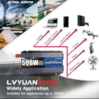 LVYUAN 500 Watt Pure Sine Wave Power Inverter 12V to 110V/120V DC to AC Converter with Dual Sockets, Dual USB Ports, LED Display for Home Outdoor RV Car Power Inverter Power Adapter