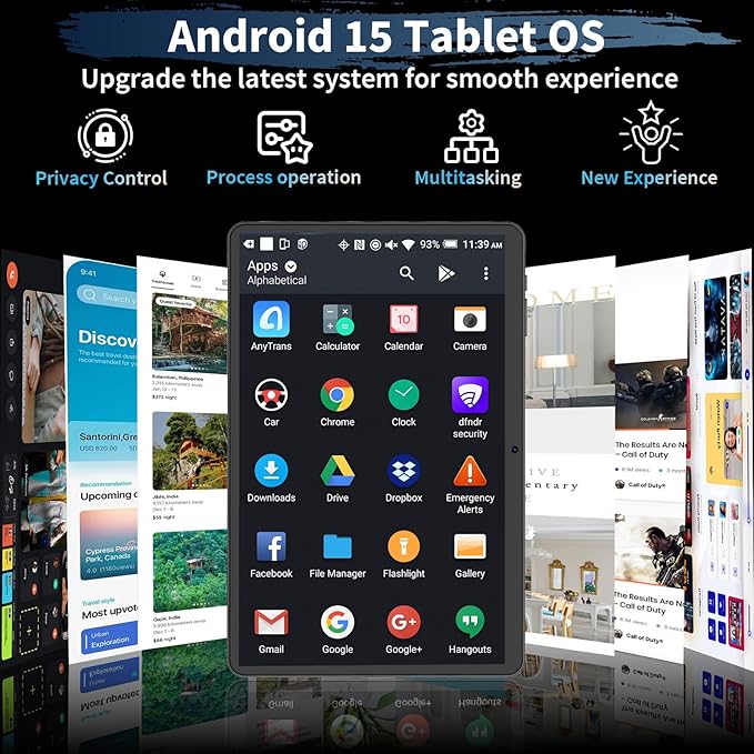 Android 15 Tablet, 26GB + 256GB (2TB Expandable), 10.1-inch Tablet with Keyboard, 8000 mAh Battery, BT 5.0, 5G WiFi, Widevine L1, 2-in-1 Tab with Mouse, Protective Case，Stylus (Black)