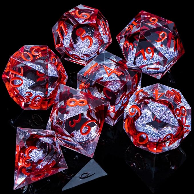 ARUOHHA Liquid Core DND Dice Set, Vampire Sharp Edged Dragons Dice Compatible with D&D RPG Role Playing Games, Resin Blood Red Polyhedral Dungeons D and D Dice with Gift Box D20 D12 D10 D8 D6 D4