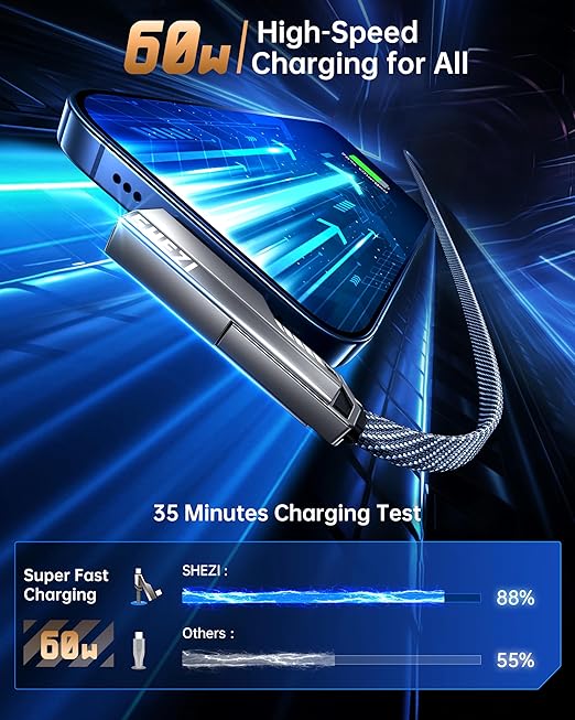 4-in-1 USB C Cable 3FT Compatible with Lightning Cable 90 Degree Fast Charging Flat Nylon Braided for iPhone/iPad Charger Cord Multi Charge Cord with L/USB C/USB A Ports, Grey