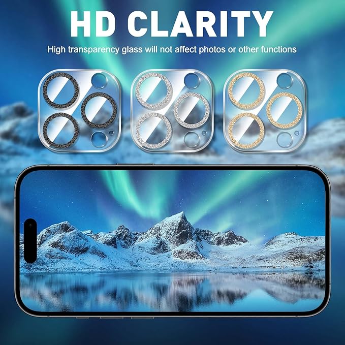 LucBuy 3PCS Sparkling Camera Lens Protector for iPhone 12 Pro Max, Full Clear Acrylic Cover with Shiny Colorful Glitter Designed Decoration Back Camera Protector