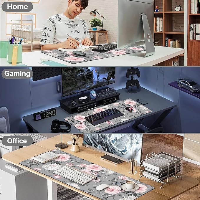 Pink Roses Desk Mat,Large Spring Blooming Flowers and Leaves Gaming Keyboard Mouse Pad,Non-Slip Rubber Base Desk Pad Thick Stitched Edges Waterproof Mousepad Mouse Mat 31.5"x11.8"