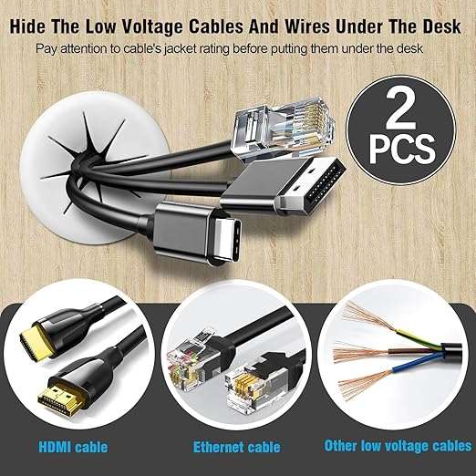 2" White Desk Grommet, JTemgle Flexible Cable Grommet Rubber Cable Hole Cover Wire Organizer Caps Desktop Cord Management for Home Office TV Stands Tabletops, 2 Pieces