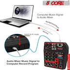 5 Core Audio Mixer 4 Channel DJ Mixing Board Small Bluetooth USB Analog Mezclador De Audio w Phantom Power Console for Live Recording Podcast Karaoke PARENT MX 4CH (Black)