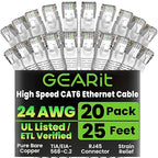 GEARit Cat 6 Ethernet Cable (20-Pack 25 Feet) Cat6 Network Patch, 10Gbps, RJ45, Snagless Cord, Gold-Plated Connectors, Internet for PC, TV, Tablet, Router, Printer, Servers, IT Data Center - White