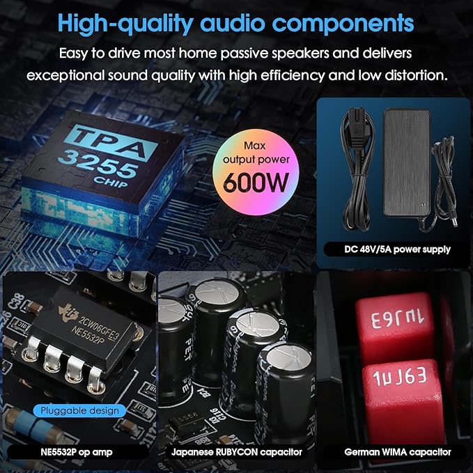 Douk Audio NS-13G MAX 300Wx2 Stereo Amplifier with Phono Input - HiFi Class D Mini Power Amp for Home Theater, Turntables, Studio Monitor | TPA3255 Chip, RCA/MM Inputs, Bass/Treble Control (DC 48V)