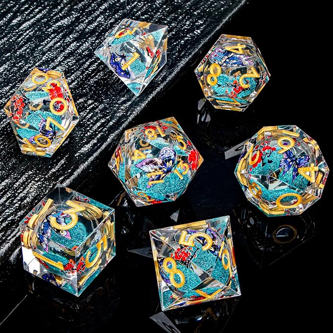 Butterfly DND Dice Blue Liquid Core Dice Set with Metal Box, Handmade Sharp Edge D and D Polyhedral Dice for use with D&D Role Playing Game, D20 D12 D10 D8 D6