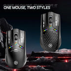 TENMOS M530 Wireless Gaming Mouse, 2.4G/Bluetooth/USB C Wired Rechargeable Mouse, 12000 DPI, RGB, 6 Programmable Buttons, Honeycomb Magnetic Cover, with Receiver Extender for Laptop/PC/Mac, Black