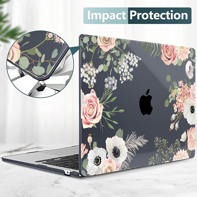 TWOLSKOO Compatible with M4 MacBook Air 15 inch Case 2025-2023 Released Model M4 A3241 M3 A3114 M2 A2941, Plastic Hard Shell & Screen Protector & Keyboard Cover & Type C Adapter, Rose Flower