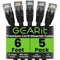 GEARit Cat 6 Ethernet Cable Pack - 5-Pack 6 ft Cat6 Ethernet Patch Cables | RJ45 Network Patch Cable, 10 Gbps Snagless Gold-Plated Connectors - Ethernet Cable Cat 6 for PC, TV, Router - Black