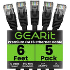 GEARit Cat 6 Ethernet Cable Pack - 5-Pack 6 ft Cat6 Ethernet Patch Cables | RJ45 Network Patch Cable, 10 Gbps Snagless Gold-Plated Connectors - Ethernet Cable Cat 6 for PC, TV, Router - Black