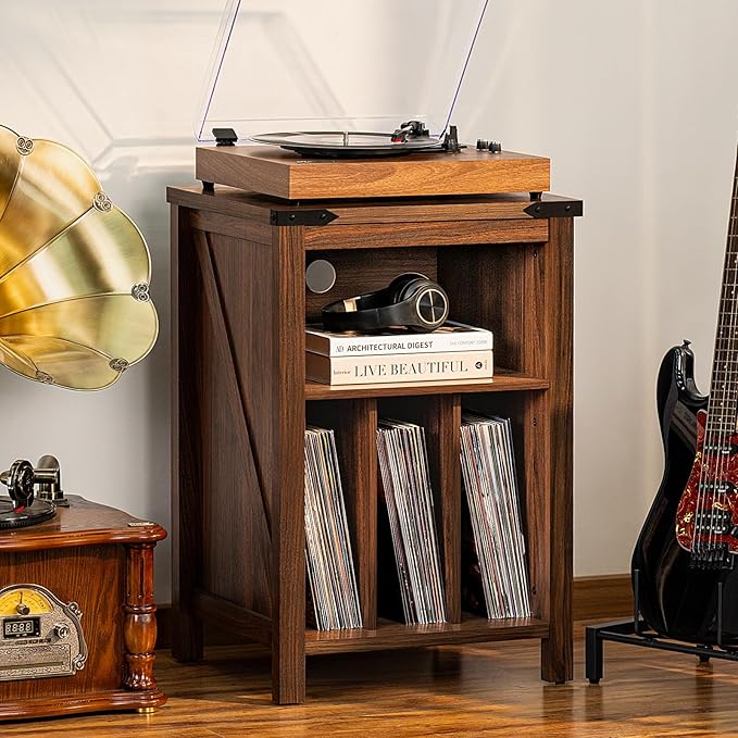 Record Player Stand with Vinyl Record Storage,Rustic Brown Record Player Table Holds up to 160 Albums,Large Wood Turntable Stand Cabinet Dispaly Shelf for Living Room,Bedroom,Office