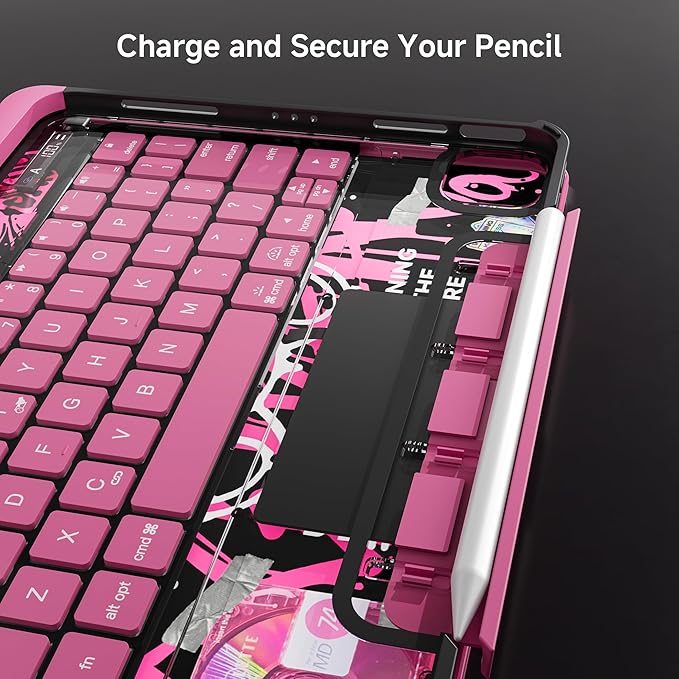 iPad Keyboard Case for 2024 M4 iPad Pro 11 inch, Magic Wireless Keyboard with Trackpad 7 Color Backlit, 360° Rotating Stand Transparent Protective Cover with Pencil Holder (Pink)
