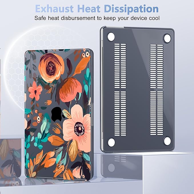 Case for MacBook Air 15 Inch 2025 2024 2023 Release M4 A3241 M3 A3114 M2 A2941, Hard Shell with Screen Protector & Keyboard Cover, Compatible with Touch ID, Florals Pattern