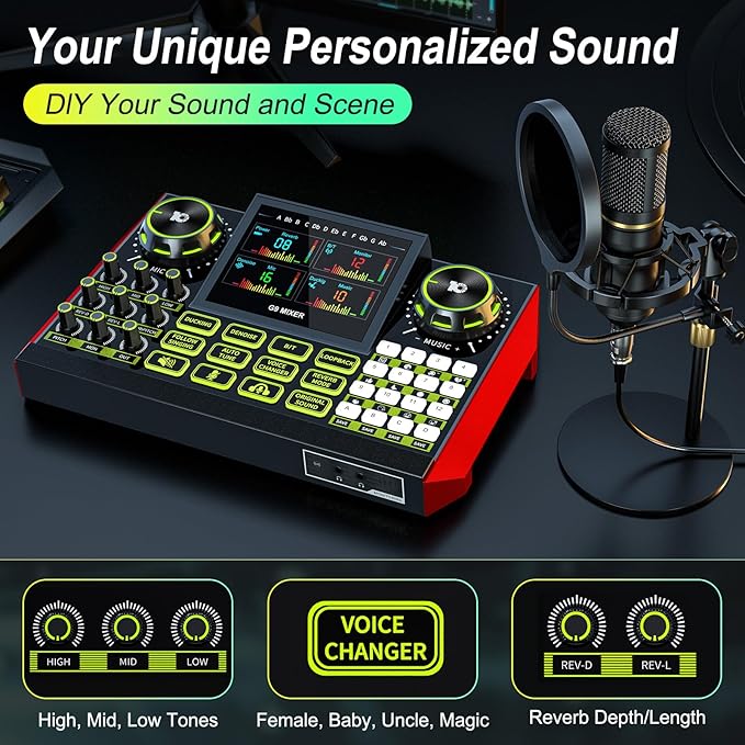 Audio Mixer, Sound Board for Pc/Phone Live Streaming Singing Gaming, Sound Mixer for 3.5/6.35mm Dynamic Microphone, Live Sound Card with DJ Mixer Effects & Voice Changer, Denoise, One Click Mute