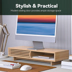 Monitor Stand Riser with Sliding Door, Computer Laptop Stand Desk Shelf Organizer with Storage (Natural Bamboo, 25 Inch)