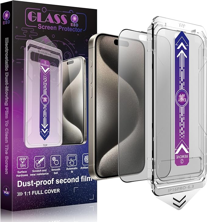 2 Pack Matte Screen Protector for iPhone 16 Pro 6.3-Inch Auto Dust Removal, No Bubbles, Tempered Glass Film, Easy Installation