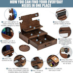Wood Phone Docking Station for up to 3 Phones, Samsung Galaxy Watch Compatible Nightstand Organizer with Drawer for Valuables for Men & Women, Holds Phones, Tablets, Keys, Rings, Glasses, Watches, EDC