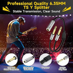 2-Pack 1/4 inch TS Mono Splitter Y Adapter, 6.35mm Mono Female to Dual 6.35 mm TS Mono Male Jack, Quarter inch Audio Speaker Splitter Converter Cable 1 Feet, Gold Plated Connectors