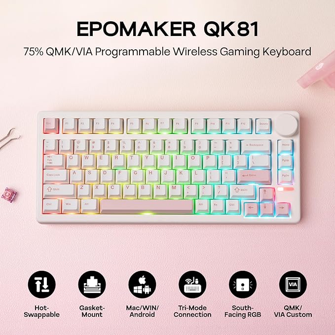 EPOMAKER QK81 75% Wireless Mechanical Gaming Keyboard, QMK/VIA Programmable and Hot-Swappable, 81 Keys with Metal Knob, 2.4Ghz/BT/USB, Creamy Gasket-Mount, RGB Backlight (White, Flamingo Switch)