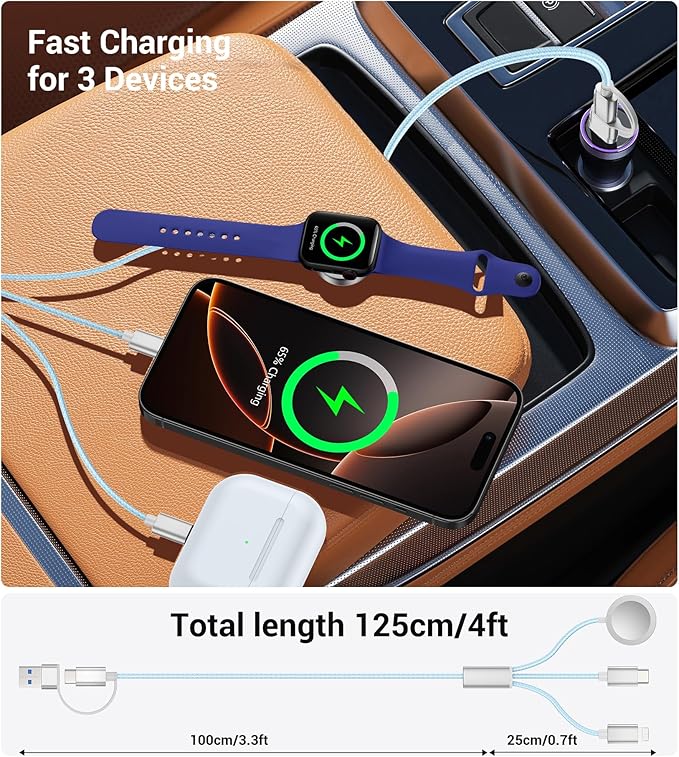 Temdan for Travel Vacation Essentials,3 in 2 USB C Cable for Apple Watch Charger/iPhone 16 Charger/Lightning,Multi Charging Cable Cord,Camping Essentials,Designed for iWatch & iPhone 16-12-4FT Blue