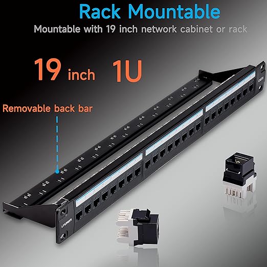 Cat6 Patch Panel 24 Port with Keystone, RJ45 Network Panel 19 Inch, Punch Down Keystone Ethernet Patch Panel with Back Bar