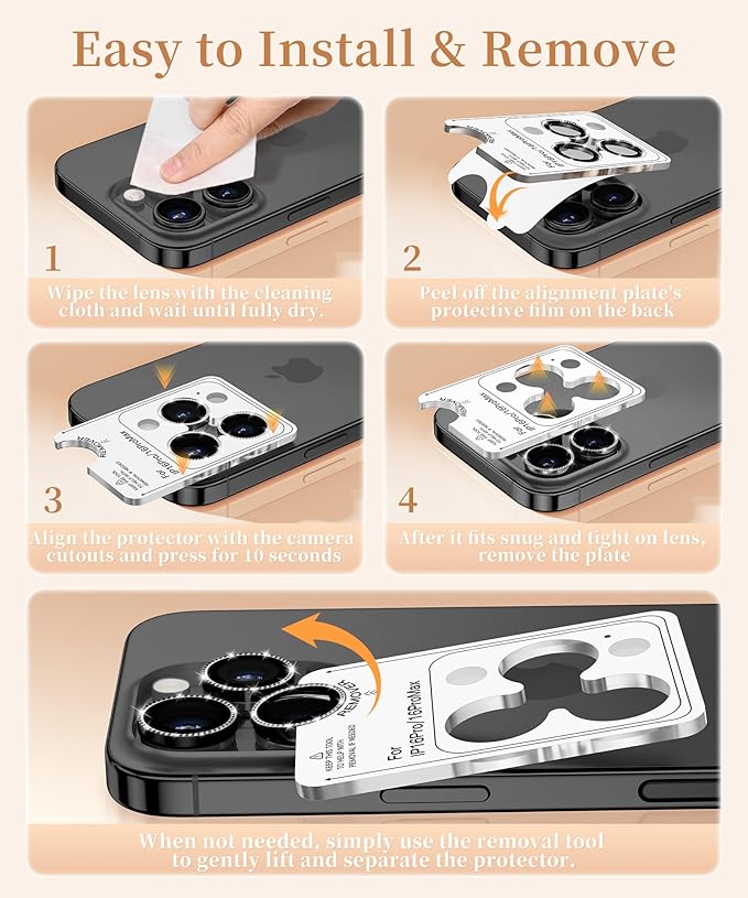 GolbinBox Camera Lens Protector for iPhone 16 Pro Max/16 Pro, 1:1 Invisible Fit, 9H Tempered Glass Ultra HD Metal Individual Camera Cover Screen Protectors for Women, Case Friendly, Bling/Black