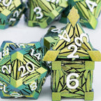 7PCS Metal DND Dice Set with Box, Debris RPG Green Yellow D and D Dice for use with D&D Tabletop Games Role Playing Game Polyhedral Dice Set D20 D12 D10 D8 D6 D4