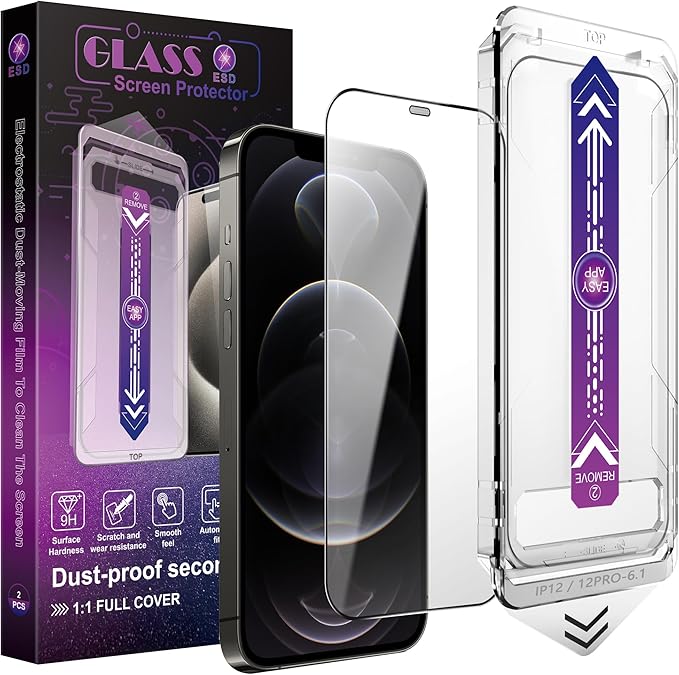 2 Pack Screen Protector for iPhone 12 Pro/iPhon 12, 9H Tempered Glass, Full Coverage, Anti-Fingerprint, Auto Dust-Elimination, No Bubble, Easy Installation