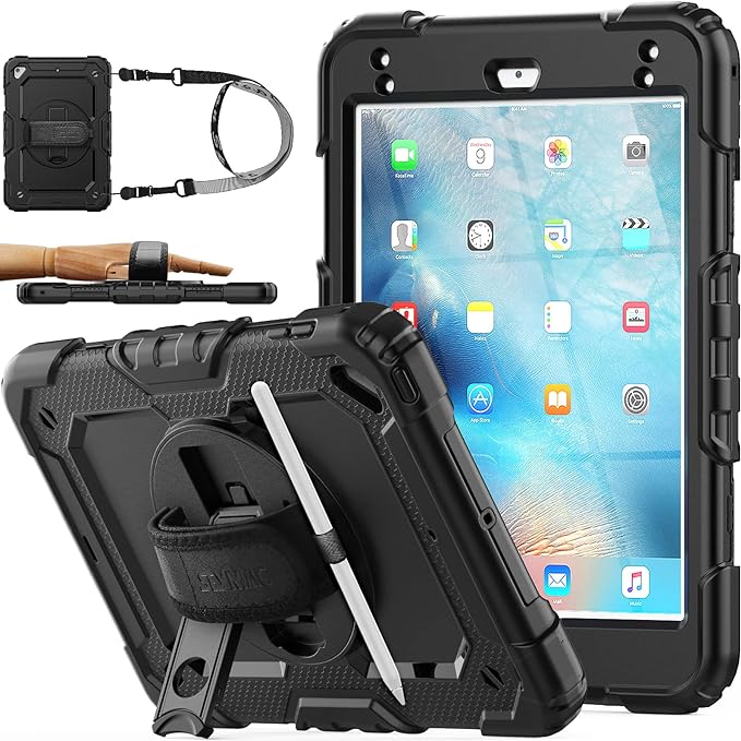 SEYMAC stock Case for iPad mini 5/4 with Screen Protector Pencil Holder [360 Rotating Hand Strap] & Stand, Drop-Proof Case for iPad mini 5th/4th Generation 7.9 inch (Black)