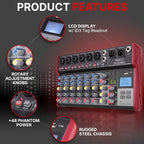 Pyle Professional Wireless DJ Audio Mixer - 8-Channel Bluetooth Compatible DJ Controller Sound Mixer w/USB Port, 6 Mic/Line Input, ¼” Mono/Stereo Input, Headphone Jack, +48V Phantom Power - PMX848BT