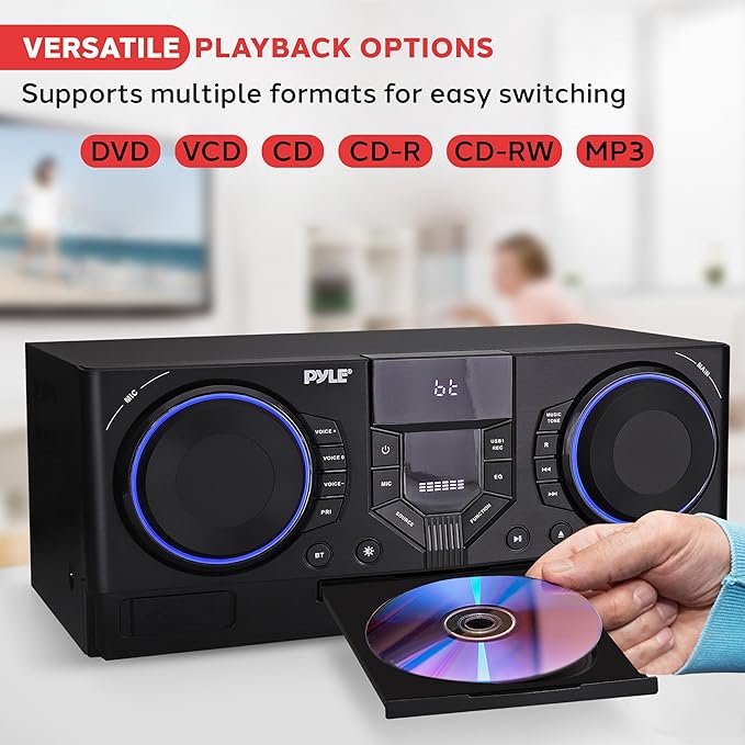 Pyle CD Stereo System with Bluetooth, MP3/DVD/CD Playback, Dual USB Recording CD Player with Speakers, Black Mini Stereo System with Subwoofer, FB Radio, 160W Digital Amplifier & Remote Control