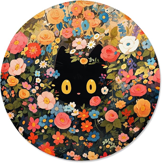 ITNRSIIET Round Mouse Pad with Stitched Edge Premium-Textured Waterproof Non-Slip Rubber Base Desktop Protection Mat Diameter 8.7 inches, Flower Cat