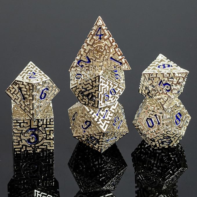 Silver Metal Hollow DND Dice Set (Cleric) Metallic Luster Maze Design with Storage Box - Balanced Weight 7 Piece Zinc Alloy, Designed for Dungeons and Dragons DM and Player RPG Accessories