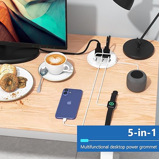 LIDER PD 65W GaN Technology Desktop Power Grommet, Power Delivery, USB-A and 2 USB-C Ports, Tamper-Resistant Receptacles, Self-Close Cover, Desk Charging Station, White, 6.5ft Cord, ETL Listed