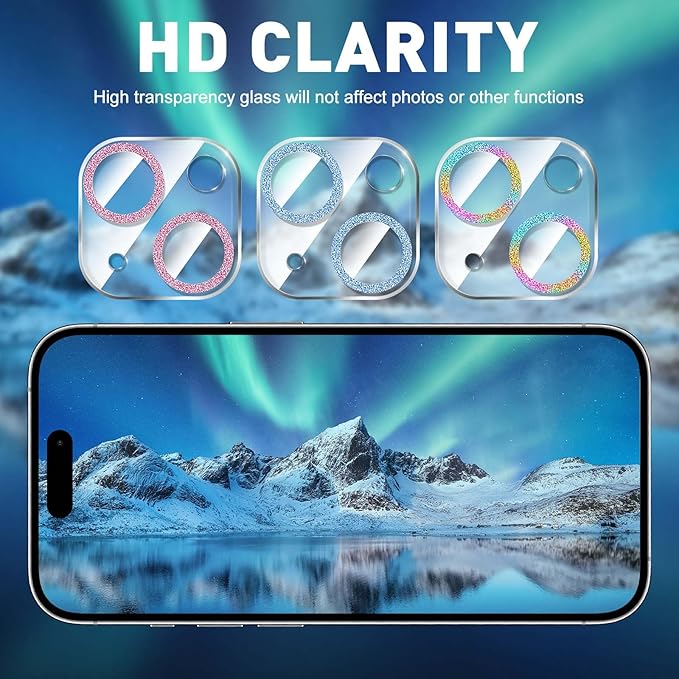 LucBuy 3PCS Sparkling Camera Lens Protector for iPhone 14/iPhone 14 Plus, Full Clear Acrylic Cover with Shiny Colorful Glitter Designed Decoration Back Camera Protector