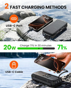 SOARAISE Wireless Solar Power Bank, 25000mAh Solar Charger with Built-in 3 Cables, Dual Outputs, 4 Solar Panels & 3 LED Flashlights, Portable Phone Charger for Outdoor Camping（Black）