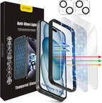 Screen Protector for iPhone 15 Plus [6.7 Inch],2 pcs Colorless Anti-Blue Light Tempered Glass Films, HD Clear, 9H Hardness, No Bubbles, Case Friendly with 2 pcs Camera Lens Protector